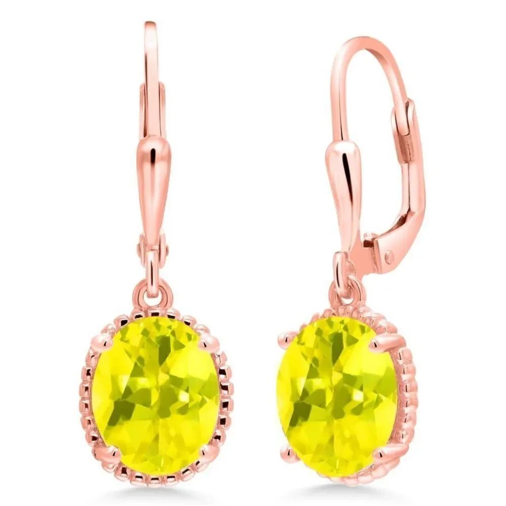 18K Rose Gold 925 and 4.00 Cttw Canary Mystic Topaz Oval Leverback Hook Earrings
